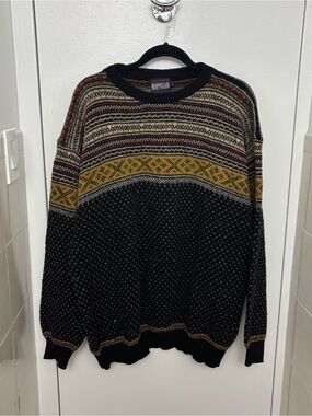 Vintage Norweigian Designs Fair Isle Wool Sweater Mens L - Nordic Knit Multicol